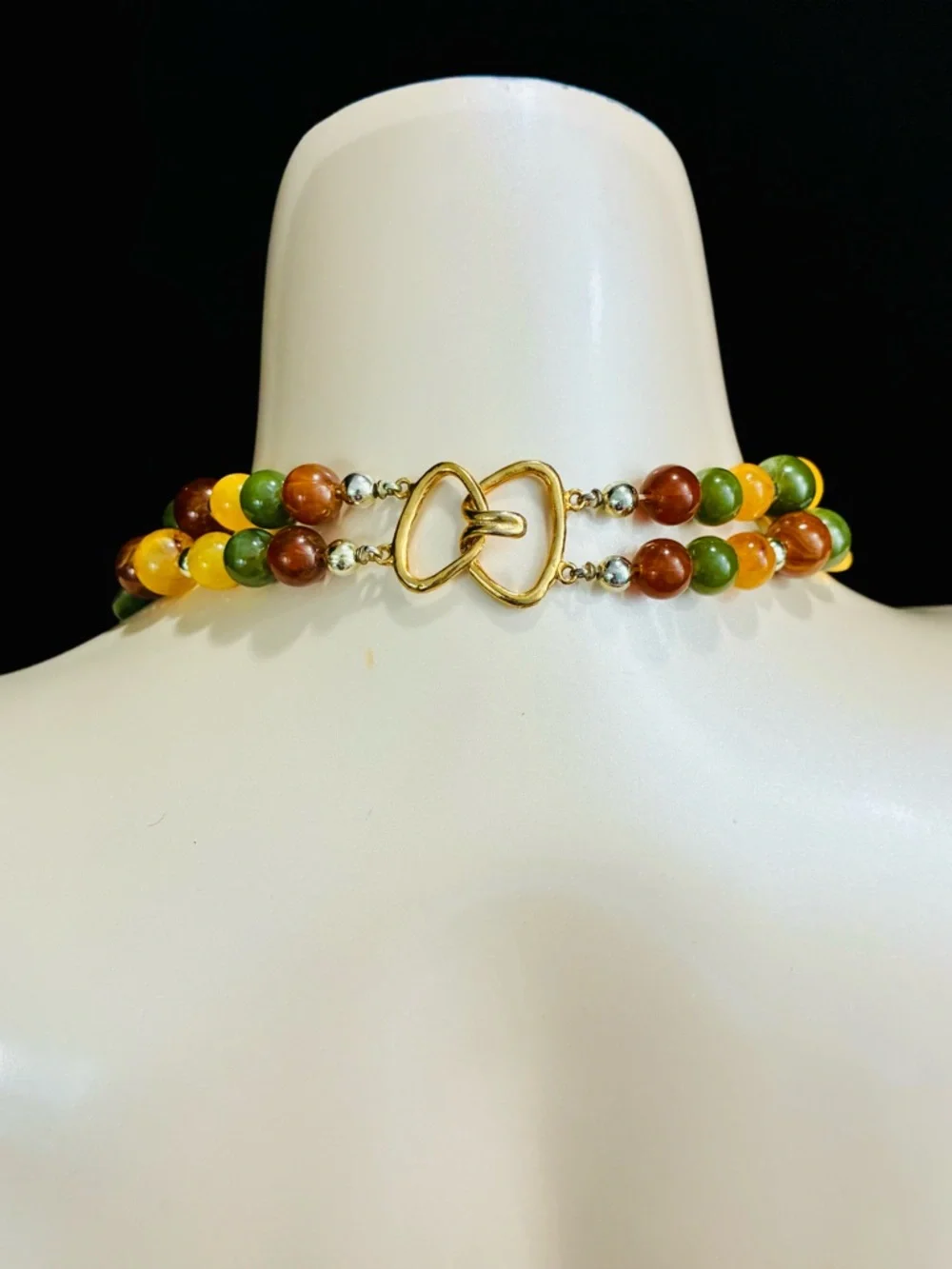 VTG Multi-Strand Amber, Green & Brown Beaded Necklace Earthy Natural Tones EUC